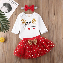 Load image into Gallery viewer, Christmas Long Sleeve Romper Tutu Skirt Headban. Material: Cotton. Age Range: 3-18m. Collar: O-Neck. Closure Type: Pullover. Sleeve Length(cm): Full. Fabric Type: Broadcloth