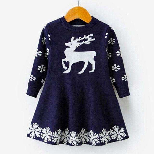 Winter Dress Girls Reindeer Snowflake Print