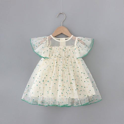 A-line Polka Dot Dress - Polka Dot Dress for Girl. Pattern Type: Dot. Season: Summer. Material: Cotton & Mesh. Sleeve Length(cm): Short. Decoration: Draped