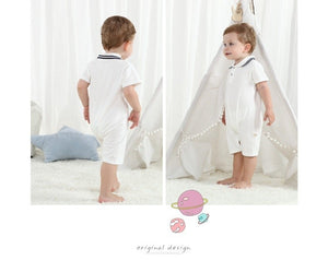 Product Name Short Sleeve Baby Romper White Material: CottonAge Range: 3-24mPattern Type: Solid Collar: Turn-down Collar Closure Type: PulloverItem4