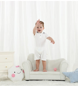 Product Name Short Sleeve Baby Romper White Material: CottonAge Range: 3-24mPattern Type: Solid Collar: Turn-down Collar Closure Type: PulloverItem3