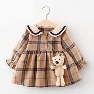 Long Sleeve Plaid Dress Brown - Long Sleeve Plaid Dress Paneled with bear
