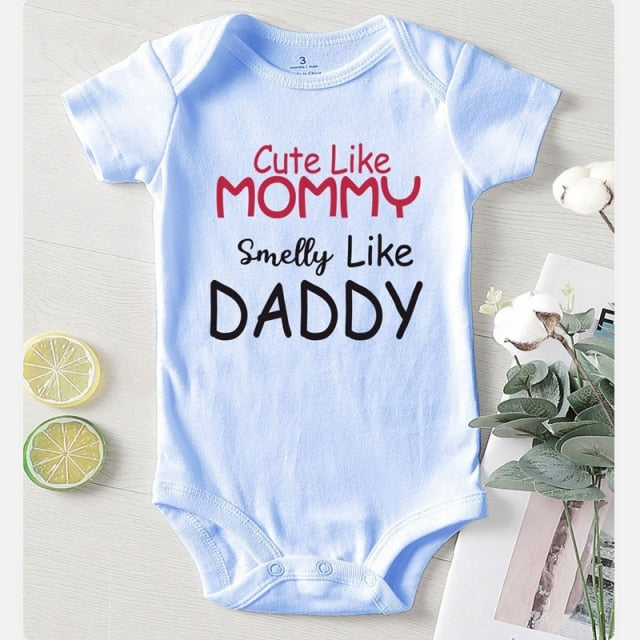 Baby Romper Cute Like Mommy Blue - Blue Baby romper Girl/Boy. Material: Cotton. Season: Four Seasons. Gender: Unisex. Age Range: 3-24mPattern Type: Letter