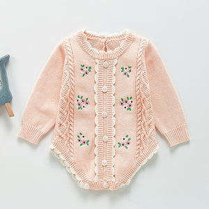 Long Sleeve Knitted Rompers Embroidery Pink