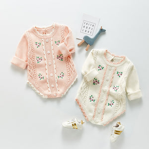 Long Sleeve Knitted Rompers Embroidery White - Infant Boy Easter Outfit4
