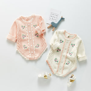 Long Sleeve Knitted Rompers Embroidery White - Infant Boy Easter Outfit4