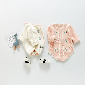 Long Sleeve Knitted Rompers Embroidery White - Infant Boy Easter Outfit1