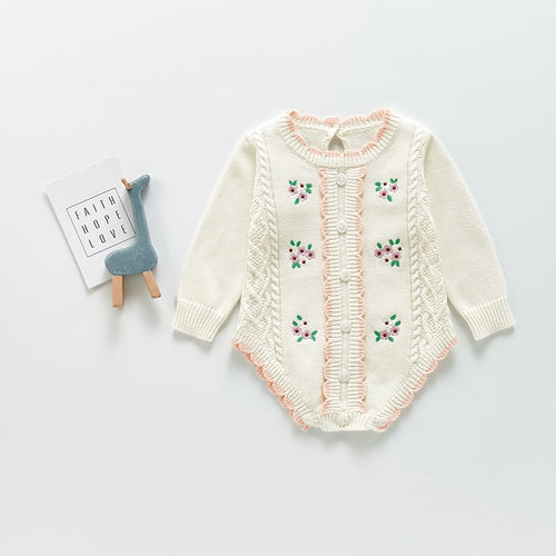 Long Sleeve Knitted Rompers Embroidery White - Infant Boy Easter Outfit