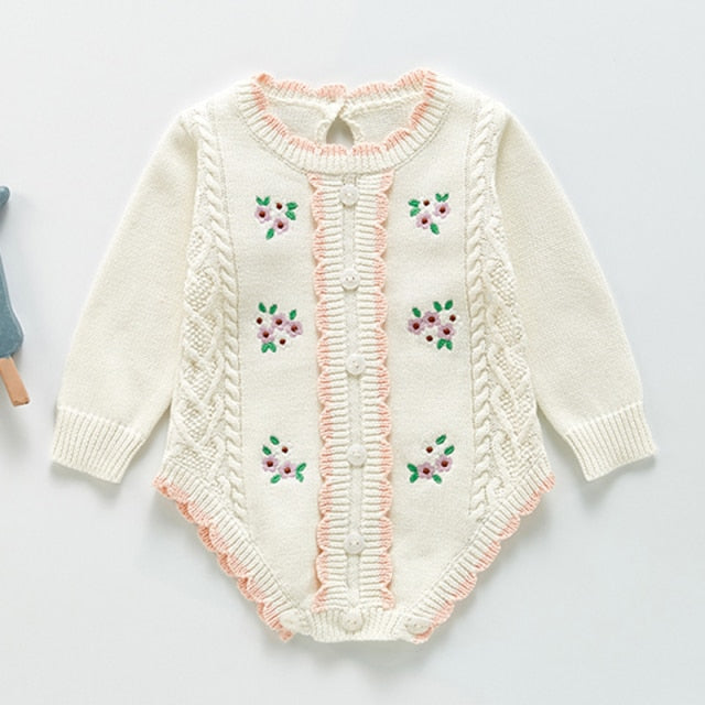 Long Sleeve Knitted Rompers Embroidery White - Infant Boy Easter Outfit5