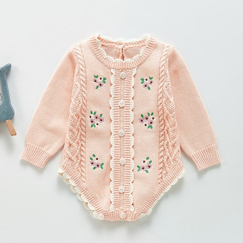 Long Sleeve Knitted Rompers Embroidery Pink