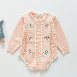 Long Sleeve Knitted Rompers Embroidery Pink