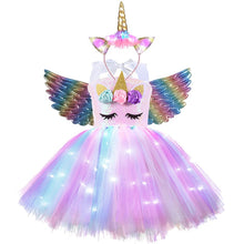 Load image into Gallery viewer, Unicorn Girls Dress With LED Light - Unicorn Light up Costume - Unicorn Girls Dress With LED Light Product package: 1 x unicorn LED dress + unicorn LED headwear + wings Gender.