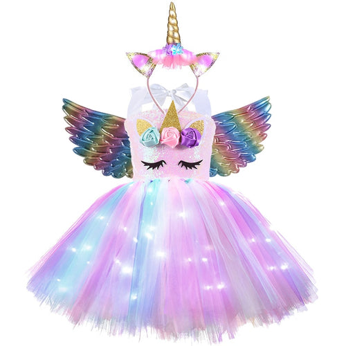 Unicorn Girls Dress With LED Light - Unicorn Light up Costume - Unicorn Girls Dress With LED Light Product package: 1 x unicorn LED dress + unicorn LED headwear + wings Gender.