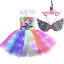 Load image into Gallery viewer, Unicorn Girls Dress With LED Light - Unicorn Light up Costume - Unicorn Girls Dress With LED Light Product package: 1 x unicorn LED dress + unicorn LED headwear + wings Gender.1