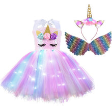 Load image into Gallery viewer, Unicorn Girls Dress With LED Light - Unicorn Light up Costume - Unicorn Girls Dress With LED Light Product package: 1 x unicorn LED dress + unicorn LED headwear + wings Gender.2