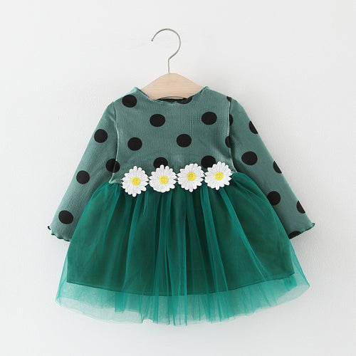 Long Sleeve Polka Dot Daisy Flower Dress