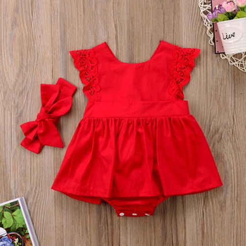 Red Lace Romper Dress for Baby Girls